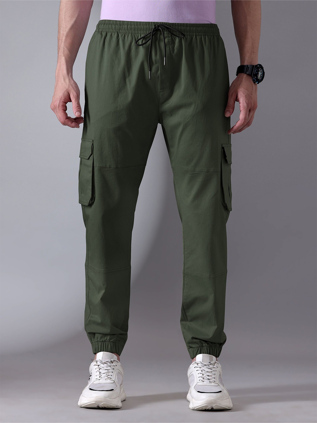 

Beyoung Men Mid-Rise Cotton Easy Wash Joggers Trousers, Green