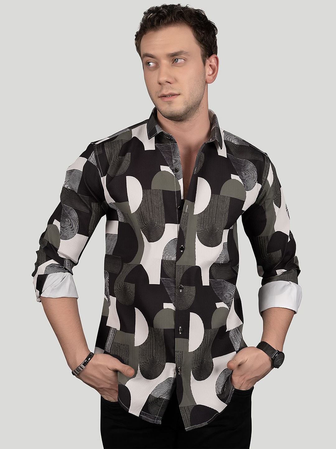 

ALMATY Men Comfort Slim Fit Opaque Printed Party Shirt, Green