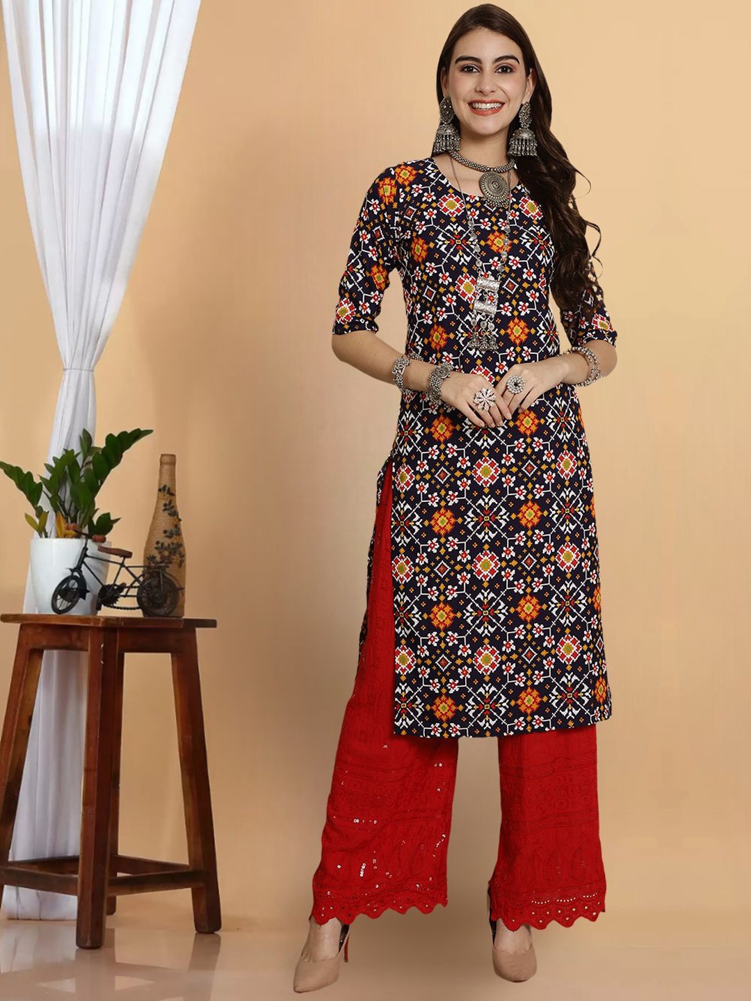 

7Threads Women Printed Keyhole Neck Cold-Shoulder Sleeves Floral Crepe Anarkali Kurta, Multi