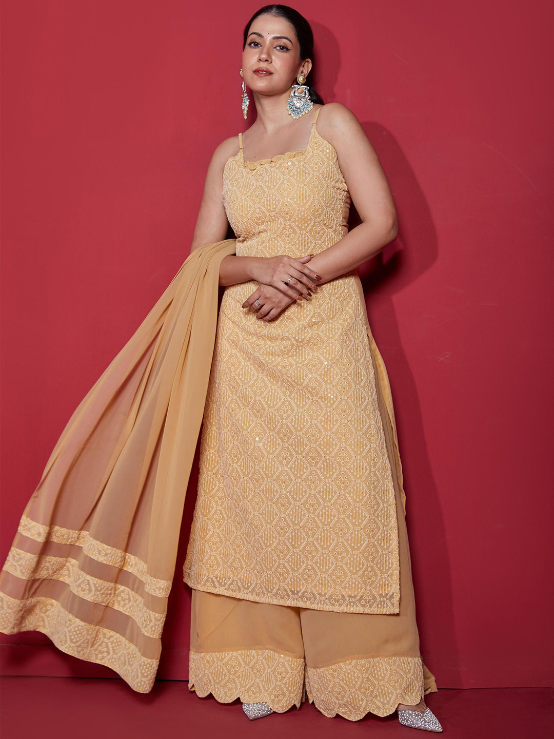 

NUD Women Floral Embroidered Regular Sequinned Kurta with Palazzos & With Dupatta, Beige