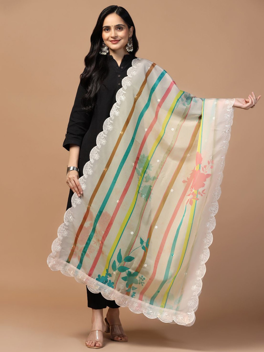 

Kaizen TEXO FAB Printed Organza Dupatta, Cream
