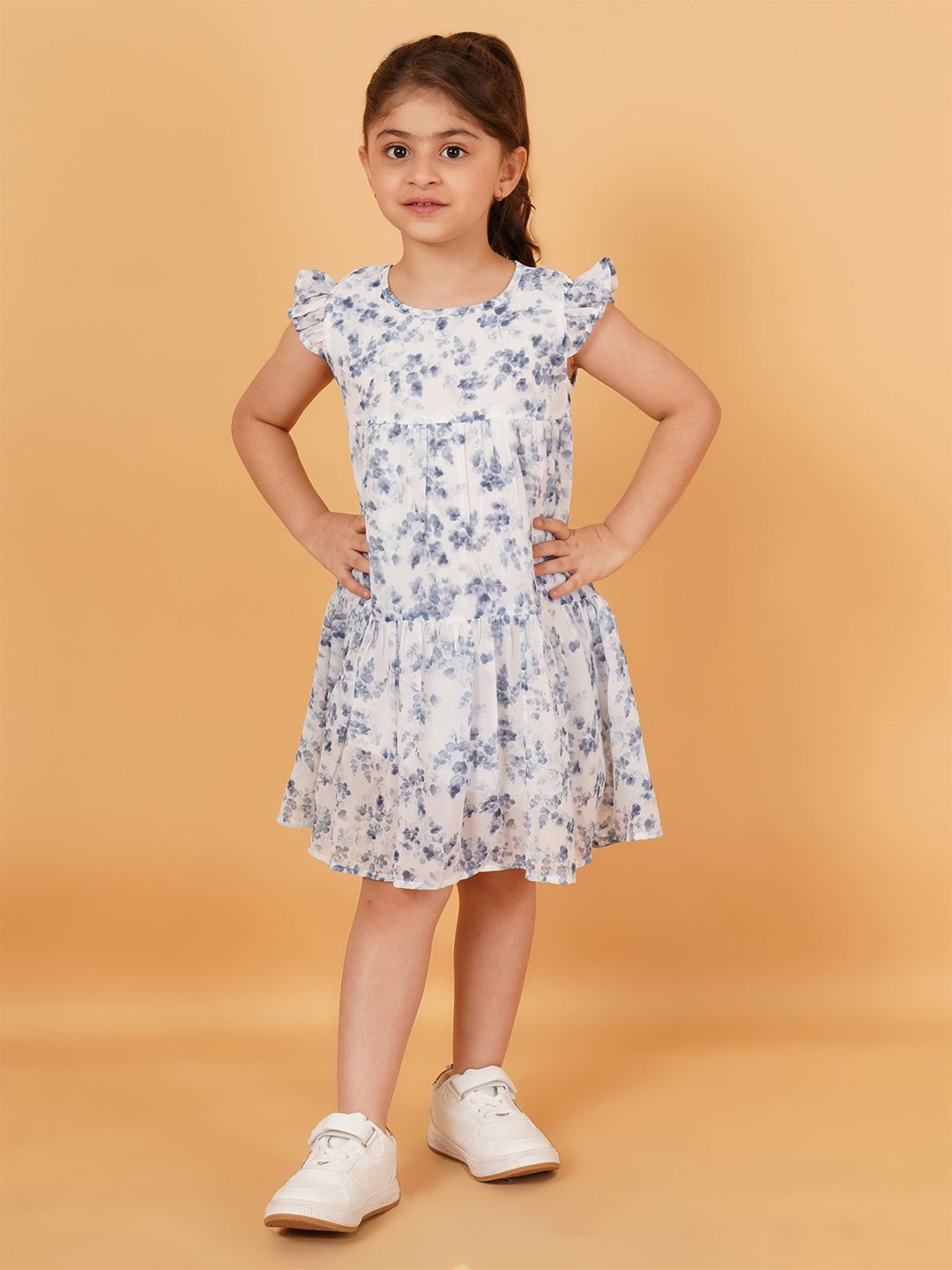 

Creative Kids Floral Print Flutter Sleeve Georgette Fit & Flare Dress, Blue