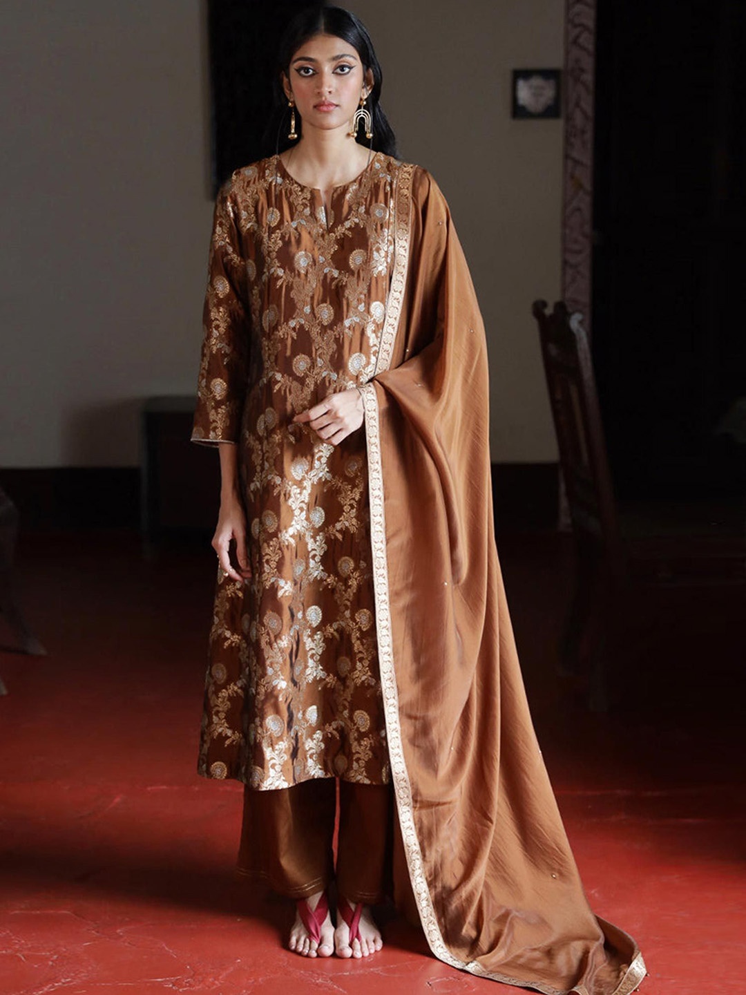 

Ganga Women Regular Raw Silk Kurta with Palazzos & With Dupatta, Brown