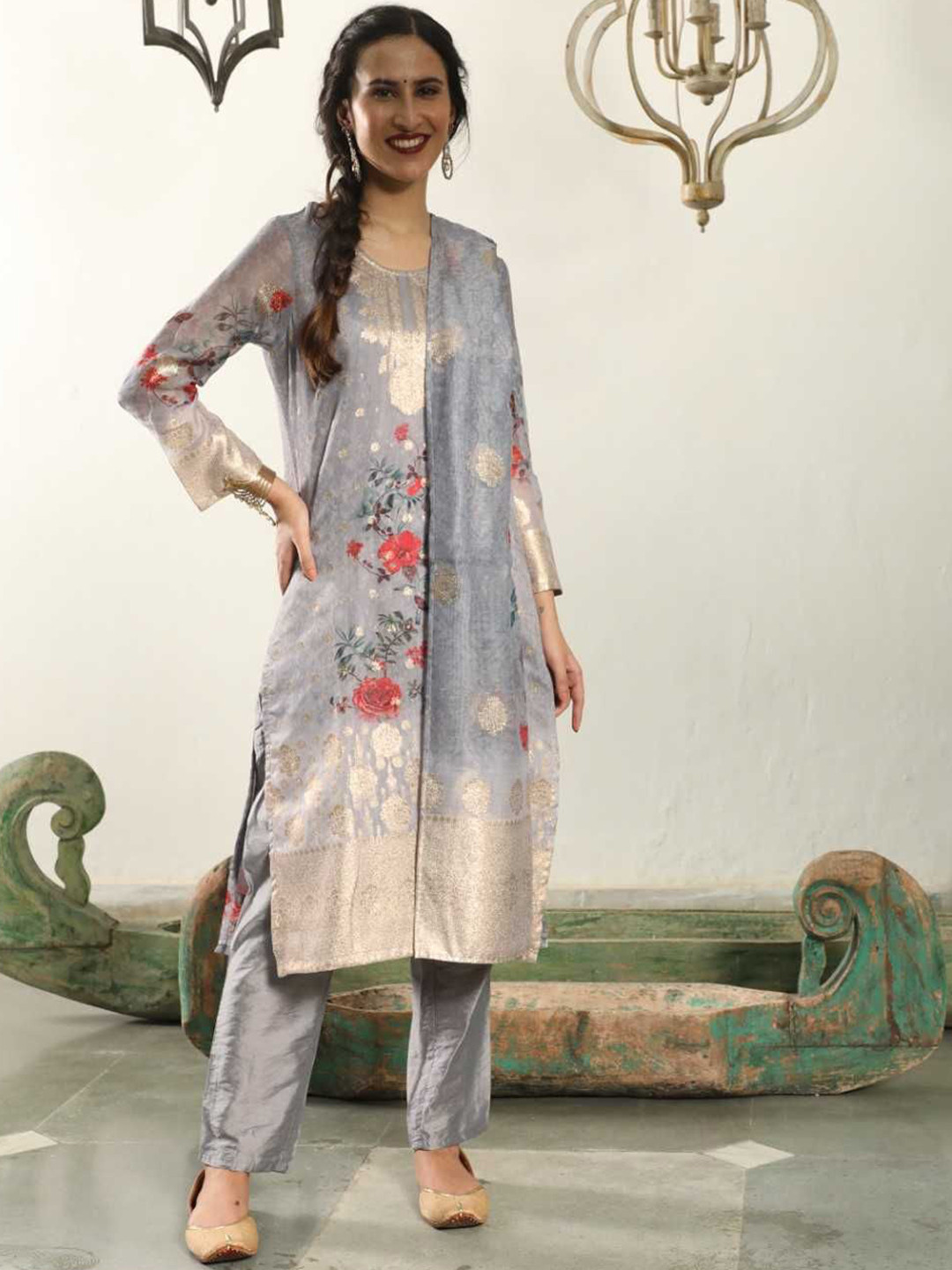 

Anouk Women Regular Chanderi Silk Kurta with Trousers & With Dupatta, Blue