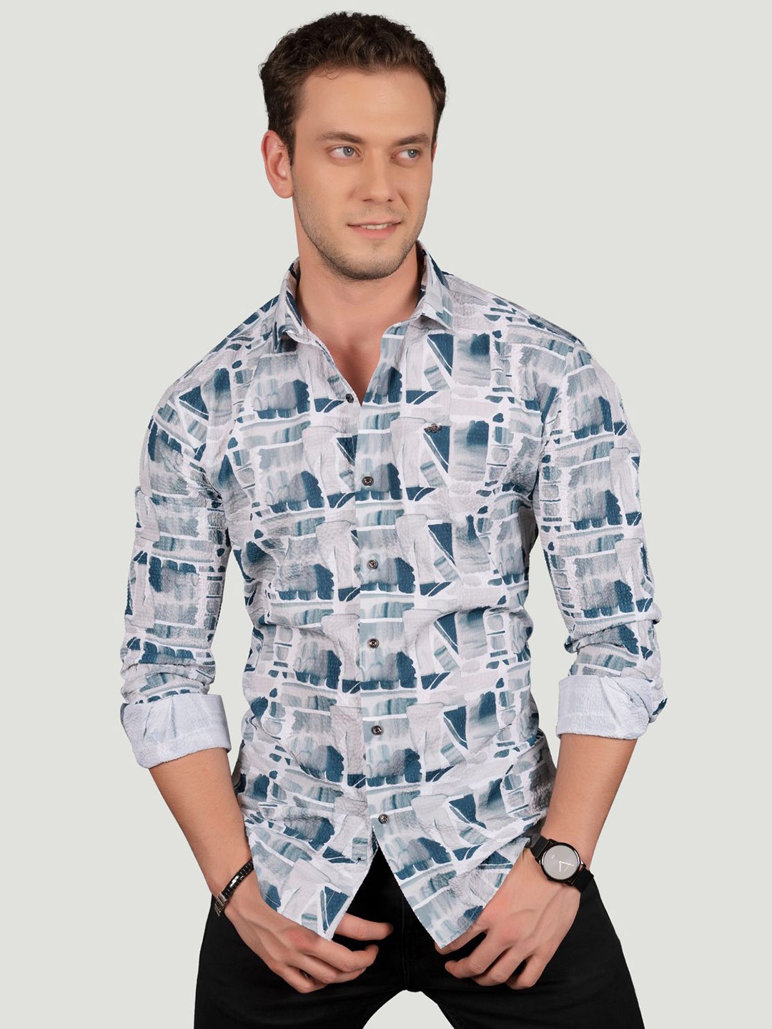 

ALMATY Men Comfort Slim Fit Floral Opaque Printed Party Shirt, Blue