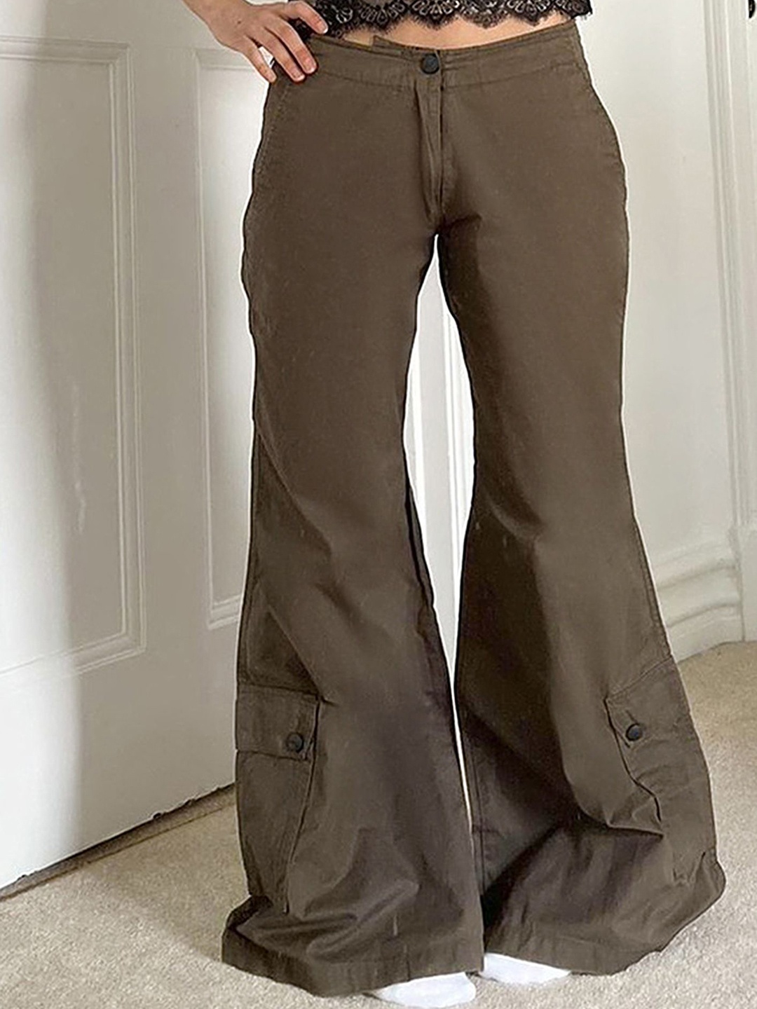 

LULU & SKY Women Flared Low-Rise Cargos Trousers, Brown