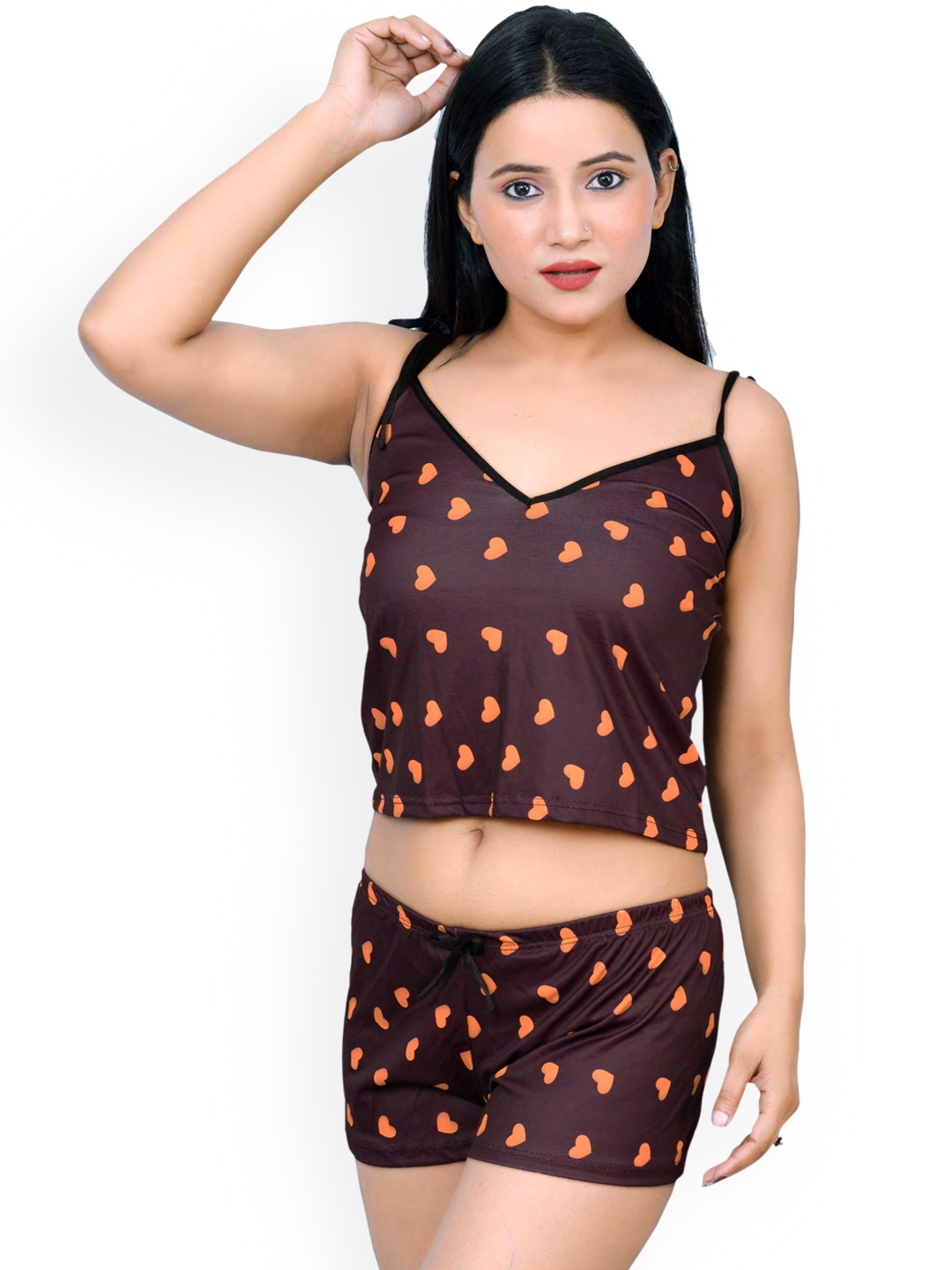 

SGC SWEDEN Women Printed Shoulder Straps Satin Top & Shorts, Brown