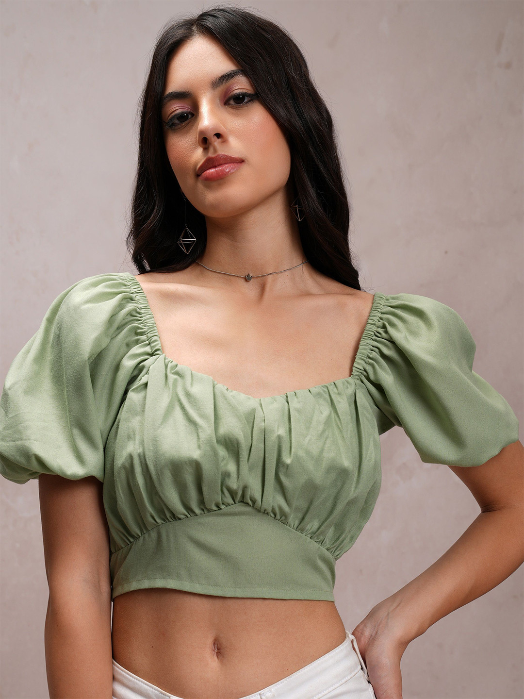 

Tokyo Talkies Sweetheart Neck Puff Sleeve Crop Top, Green