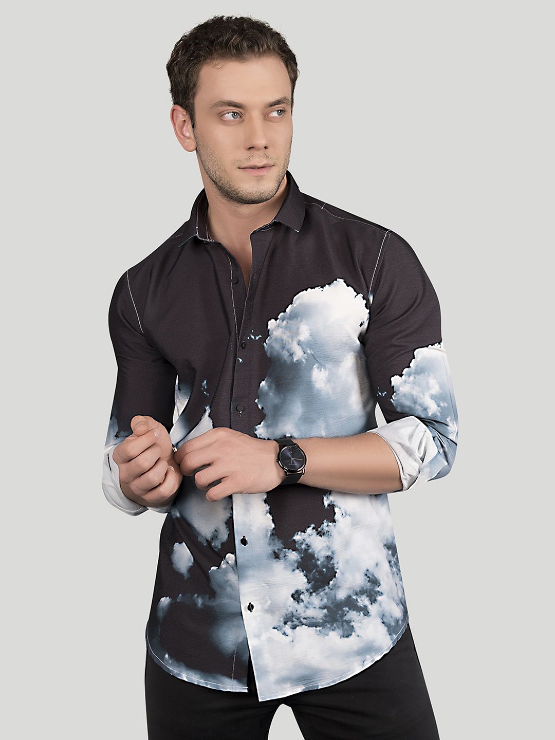 

ALMATY Men Comfort Slim Fit Floral Opaque Printed Party Shirt, Black