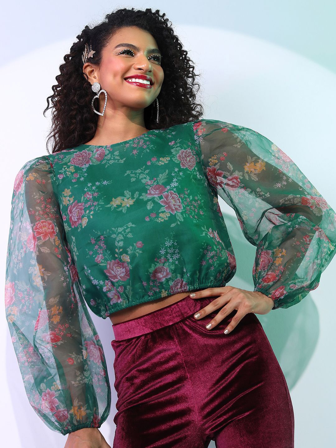 

Tokyo Talkies Floral Print Blouson Top, Green
