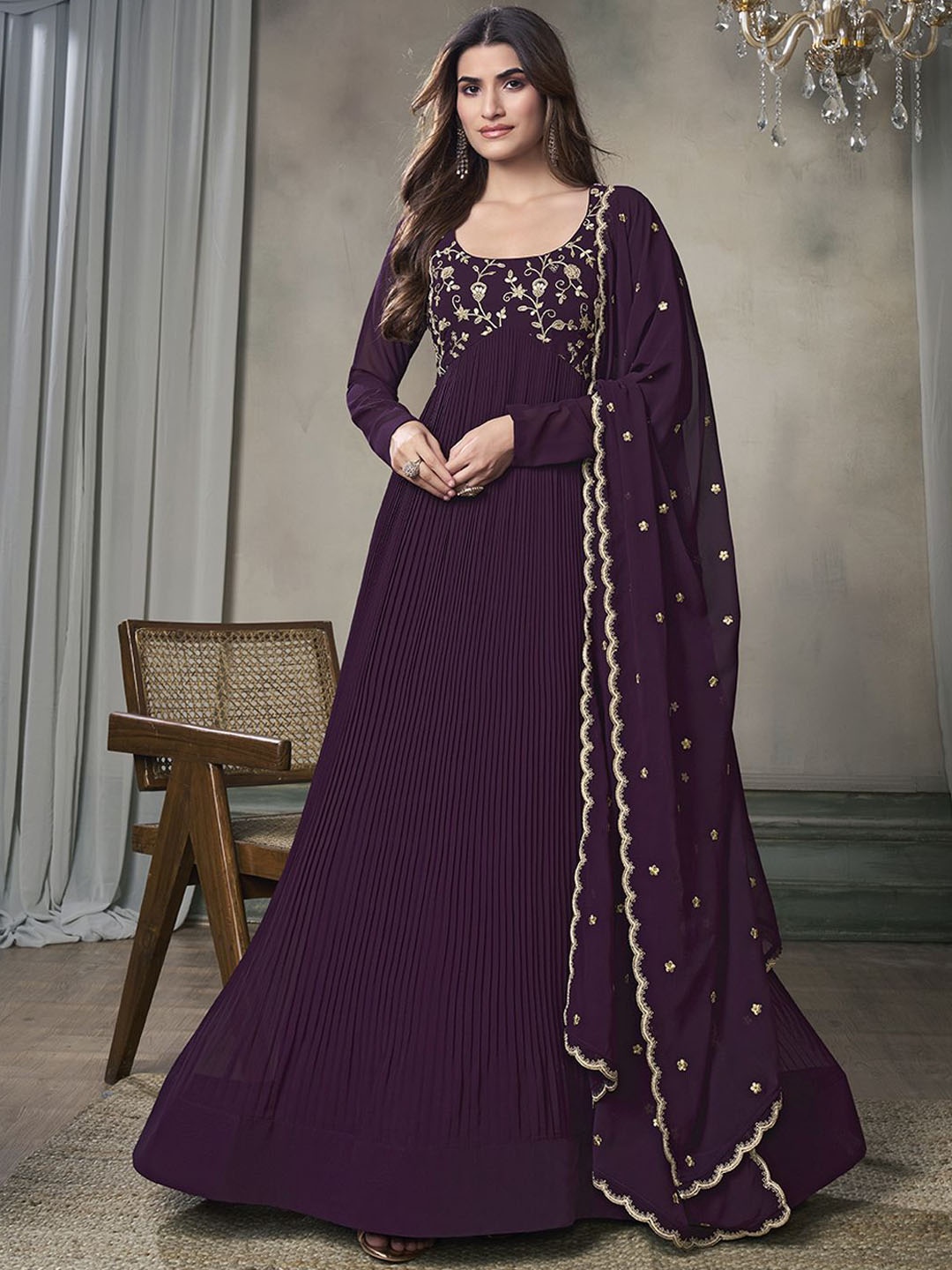 

Inddus Women Floral Thread and Sequinned Flared Kurta with Embroidered Dupatta, Purple