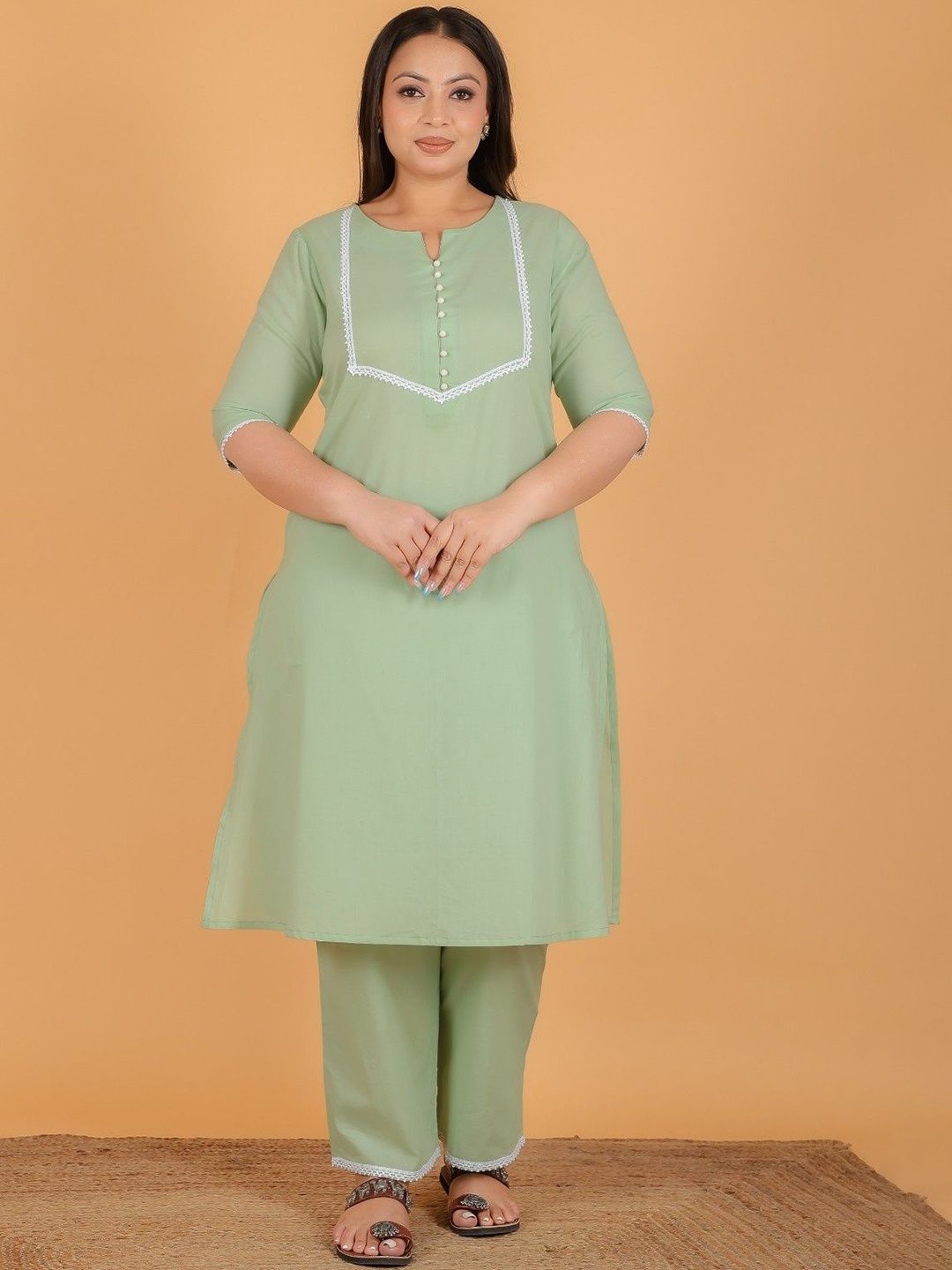 

Aramya Women Regular Pure Cotton Kurta with Trousers, Green