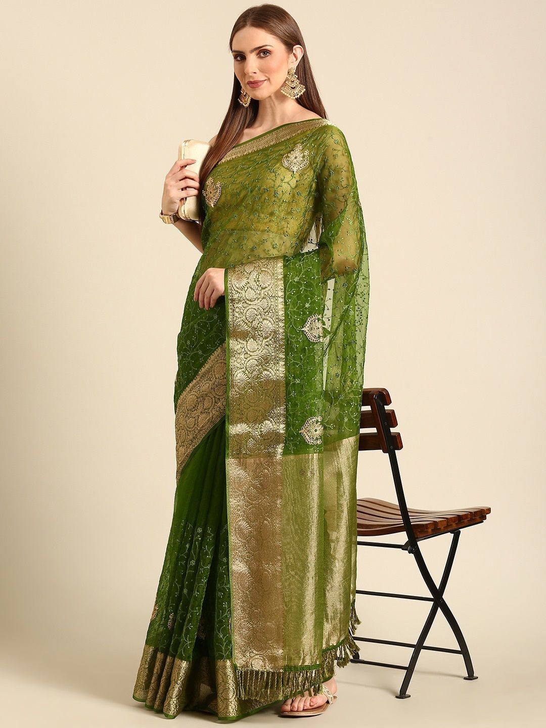 

all about you Ethnic Motifs Zari Organza Saree, Green