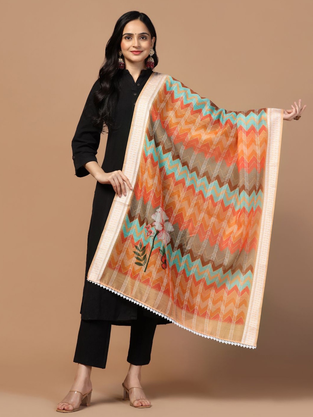 

Kaizen TEXO FAB Ethnic Motifs Printed Chanderi Cotton Dupatta, Orange