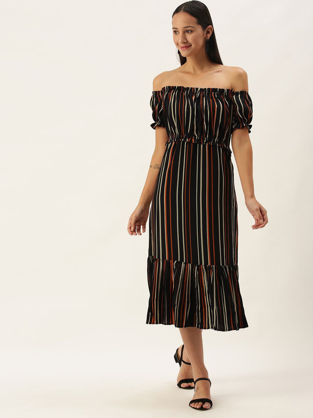 

SHECZZAR Striped Off-Shoulder Puff Sleeve Chiffon Fit & Flare Midi Dress, Black