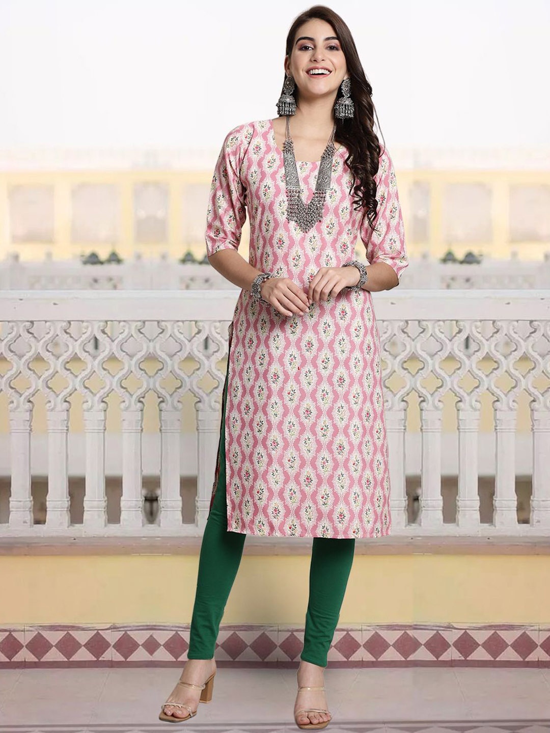 

7Threads Women Ethnic Motifs Printed Sequinned Floral Crepe Kurta, Multi