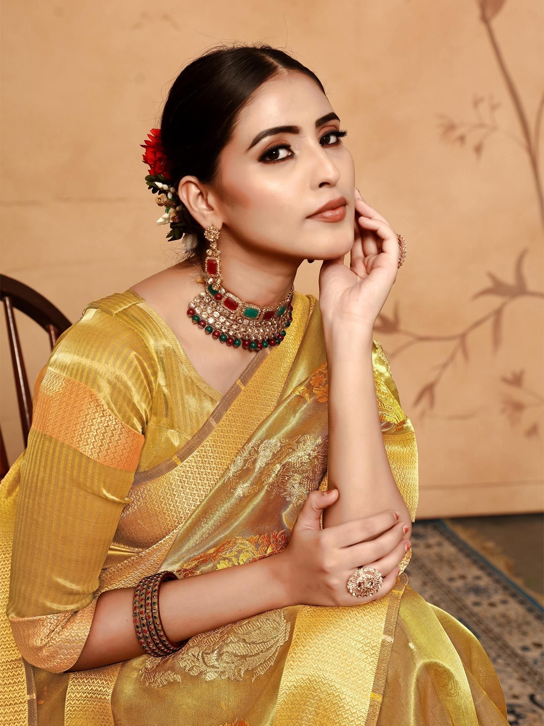 

ALAGINI Embellished Embroidered Tissue Saree, Yellow