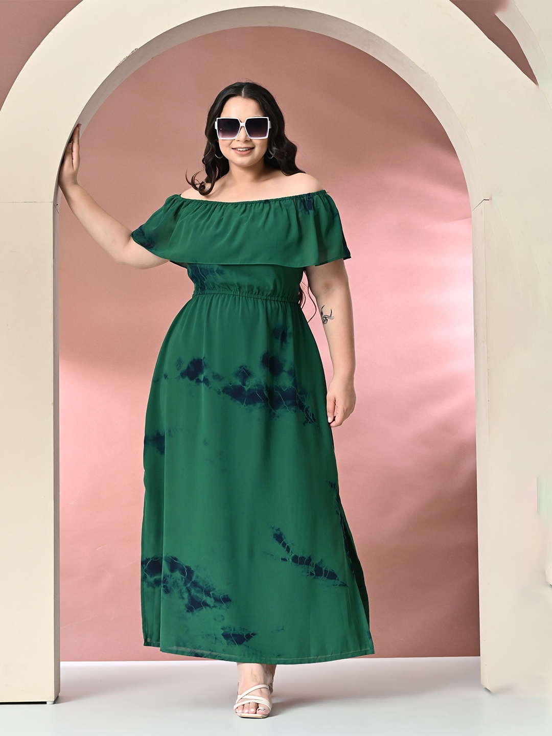 

PrettyPlus by Desinoor.com Plus Size Printed Off-Shoulder Cape Sleeve Georgette Maxi Dress, Green