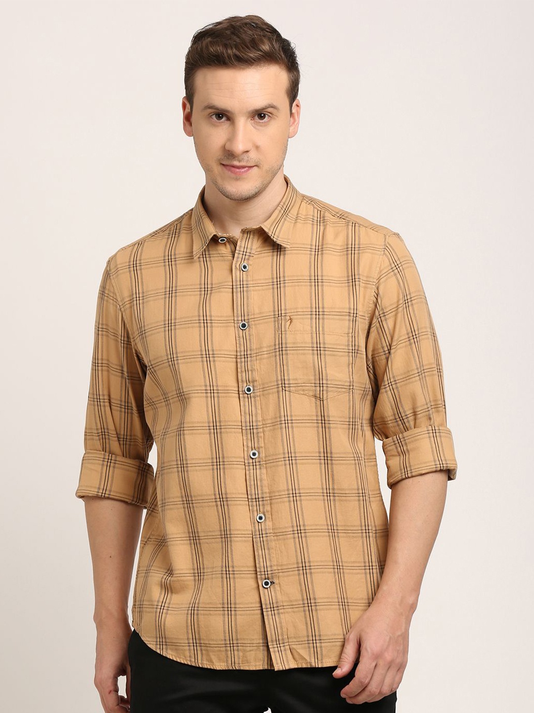 

Indian Terrain Men Classic Spread Collar Tartan Checked Cotton Casual Shirt, Brown