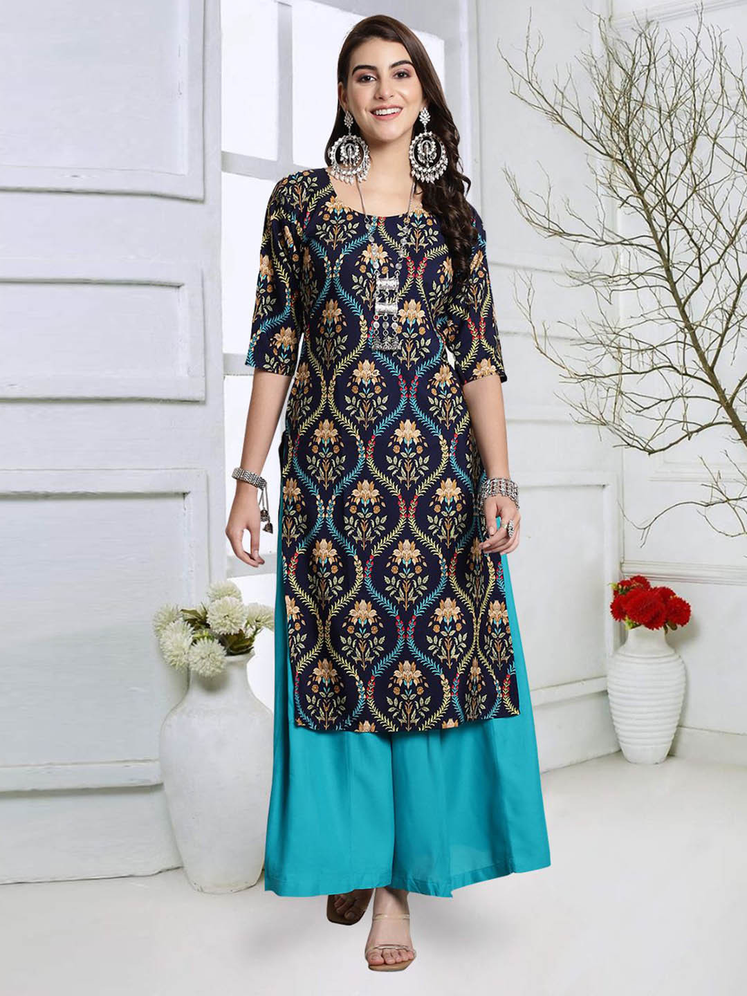 

7Threads Women Geometric Printed Keyhole Neck Cold-Shoulder Sleeves Mirror Work Floral Crepe Kurta, Multi