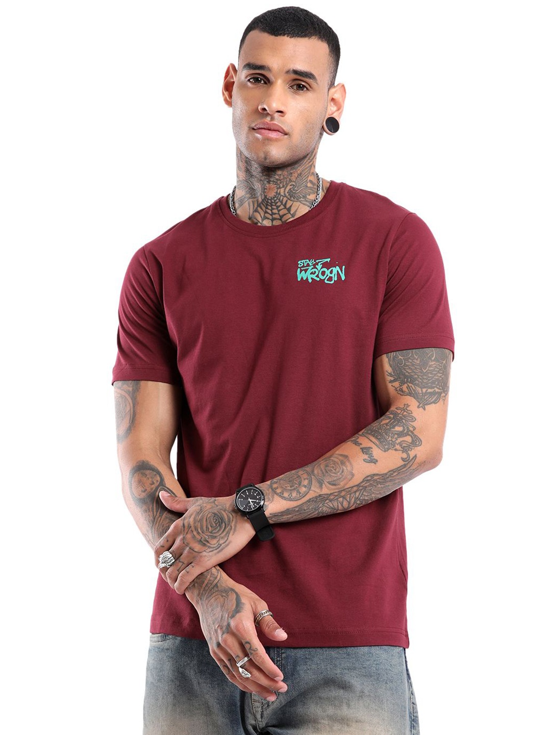 

WROGN Stay Wrogn Typography Printed Slim Fit Cotton T-shirt, Maroon