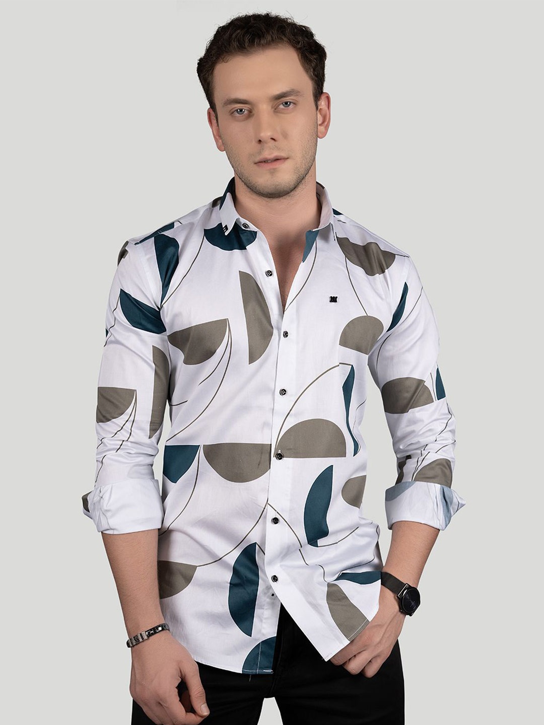 

ALMATY Men Comfort Slim Fit Opaque Printed Party Shirt, White