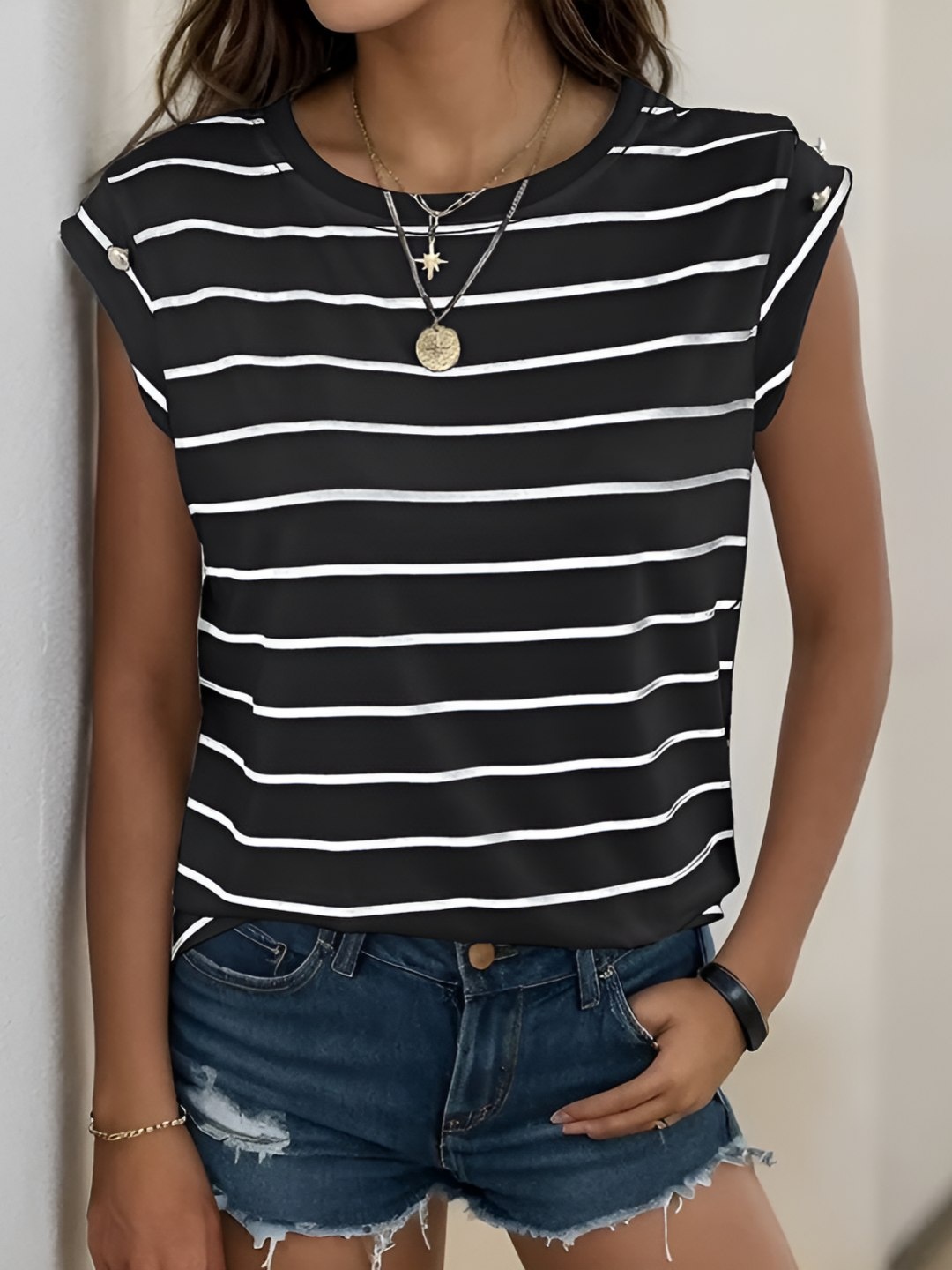 

HERE&NOW Women Striped Henley Neck Extended Sleeves Monochrome Raw Edge T-shirt, Black