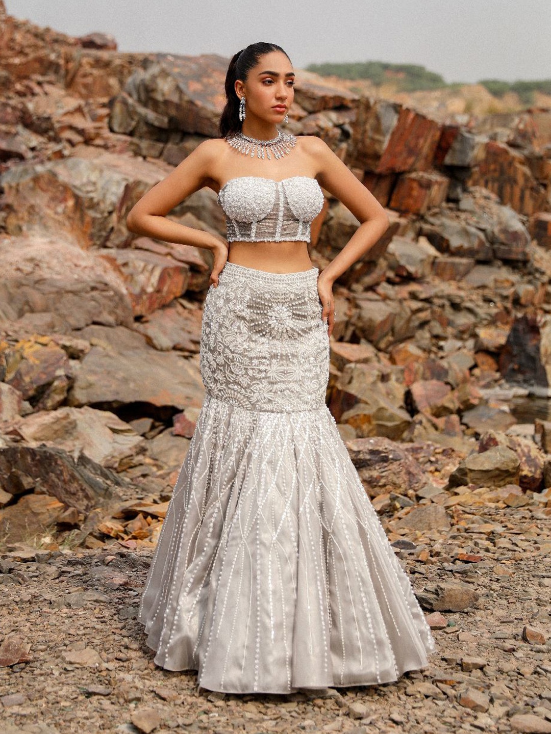 

MONI K LABEL Embellished Organza Ready to Wear Lehenga & Made to Measure Blouse, Grey