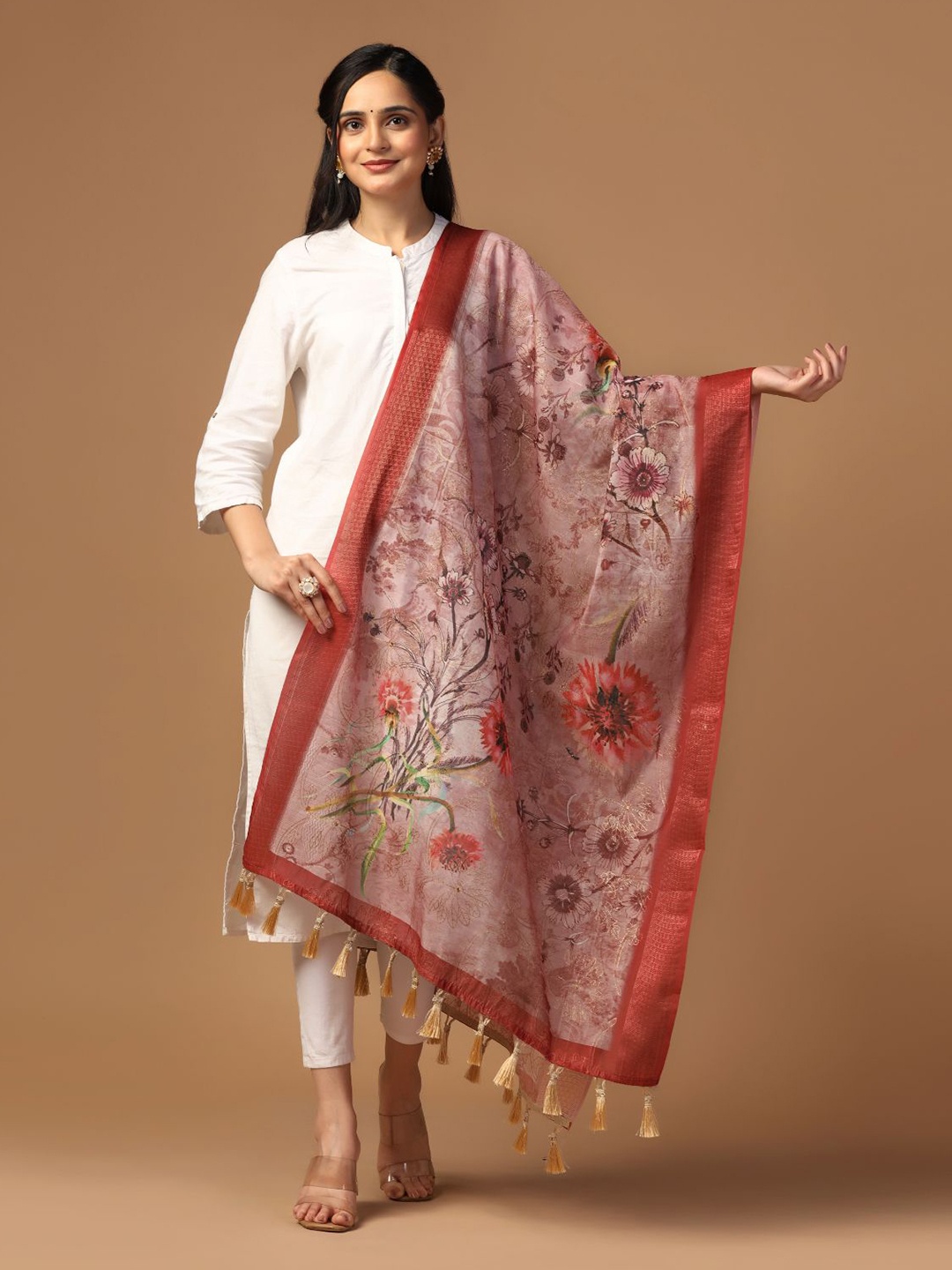 

Kaizen TEXO FAB Floral Printed Chanderi Zari Dupatta, Maroon