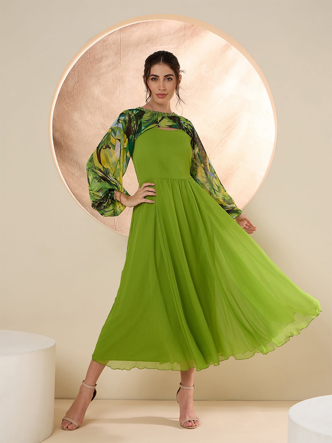 

Antheaa Chiffon Embellished Maxi Dress, Green