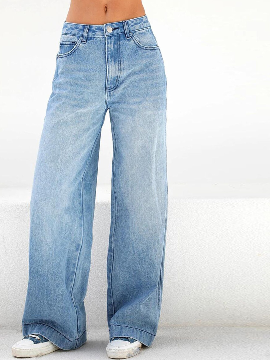 

LULU & SKY Women Wide Leg Mid-Rise High Faded Jeans, Blue