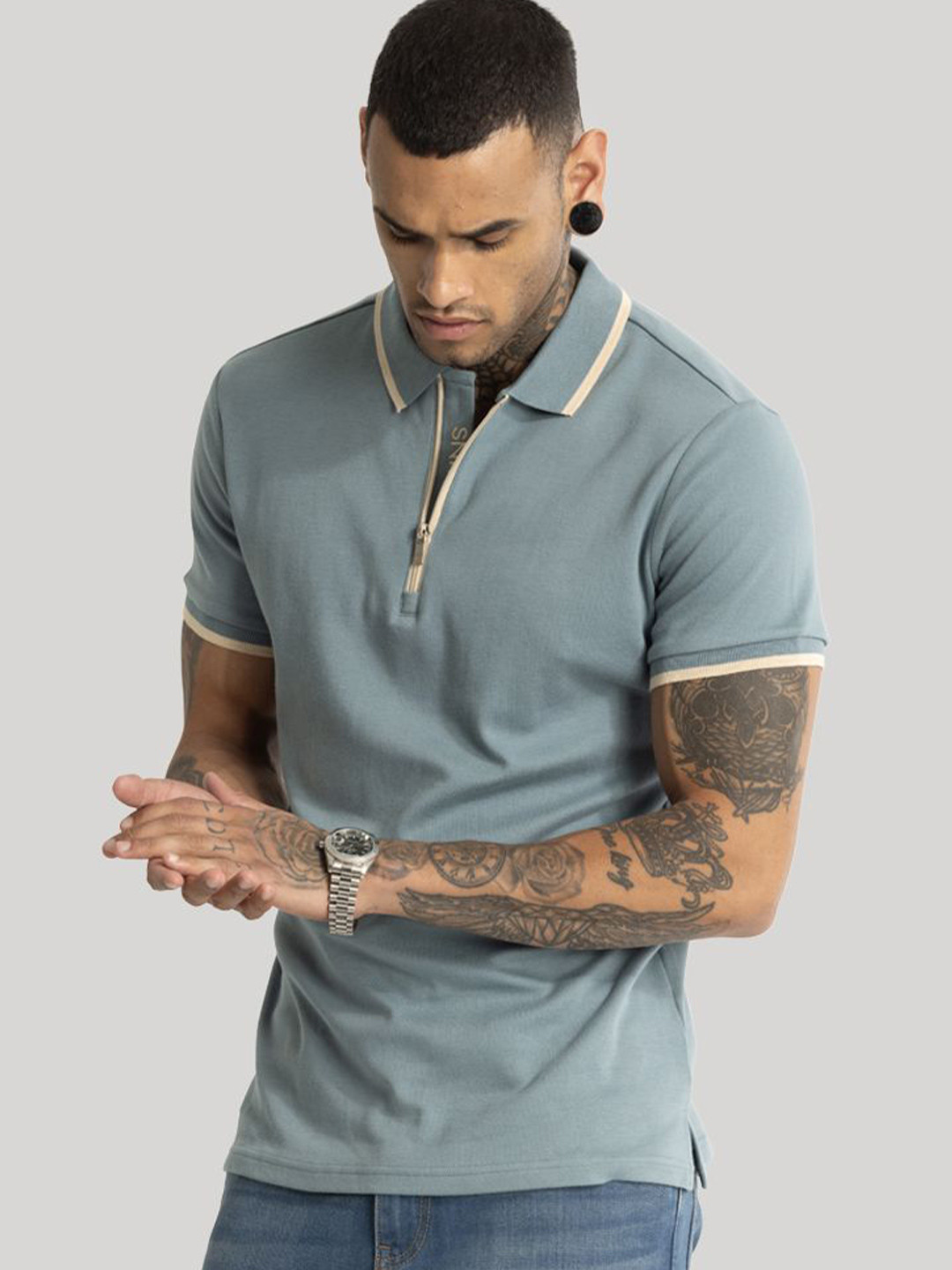 

Snitch Men Polo Collar Pockets Slim Fit T-shirt, Blue