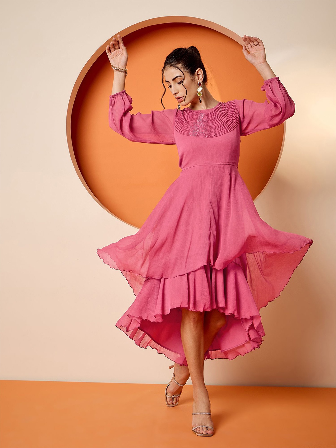 

Antheaa Embellished Puff Sleeve Chiffon Fit & Flare Dressna, Pink