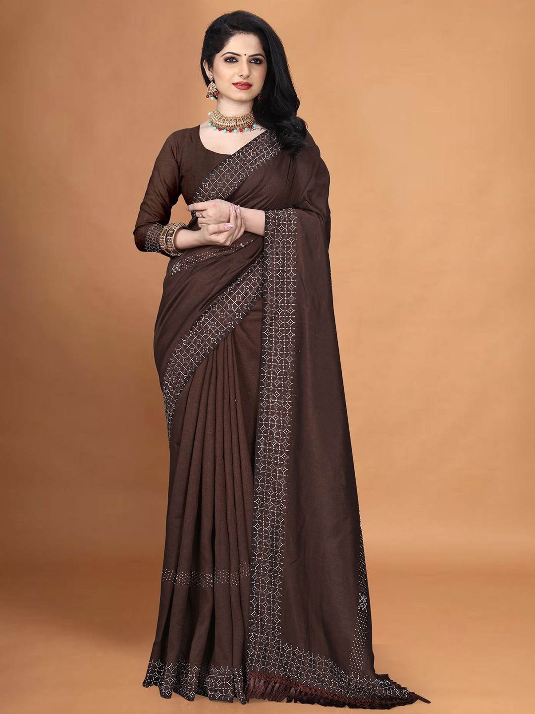 

SANJANA SILK Beads and Stones Jute Silk Saree, Brown