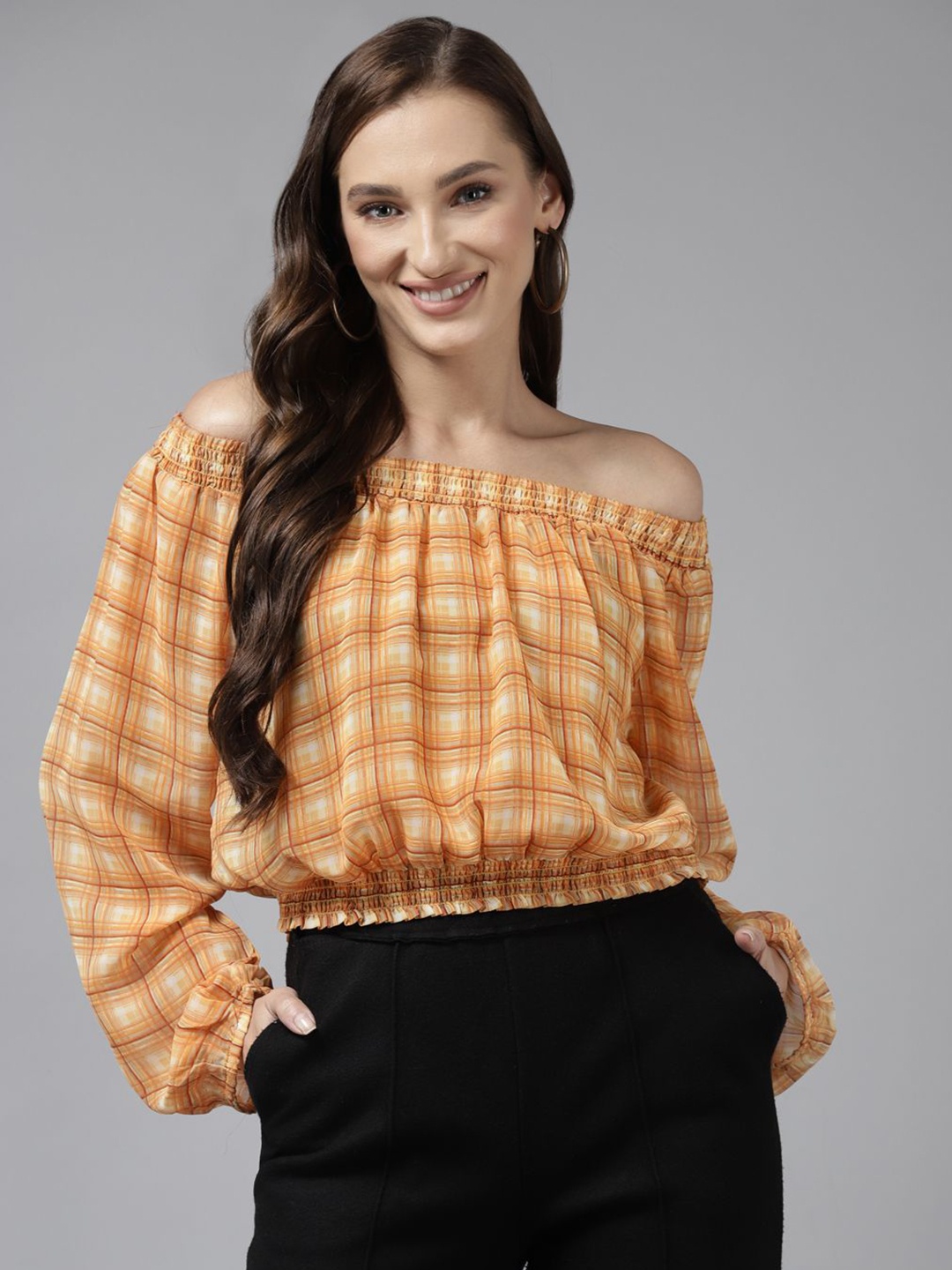 

BAESD Print One Shoulder Roll-Up Sleeves Georgette Top, Yellow