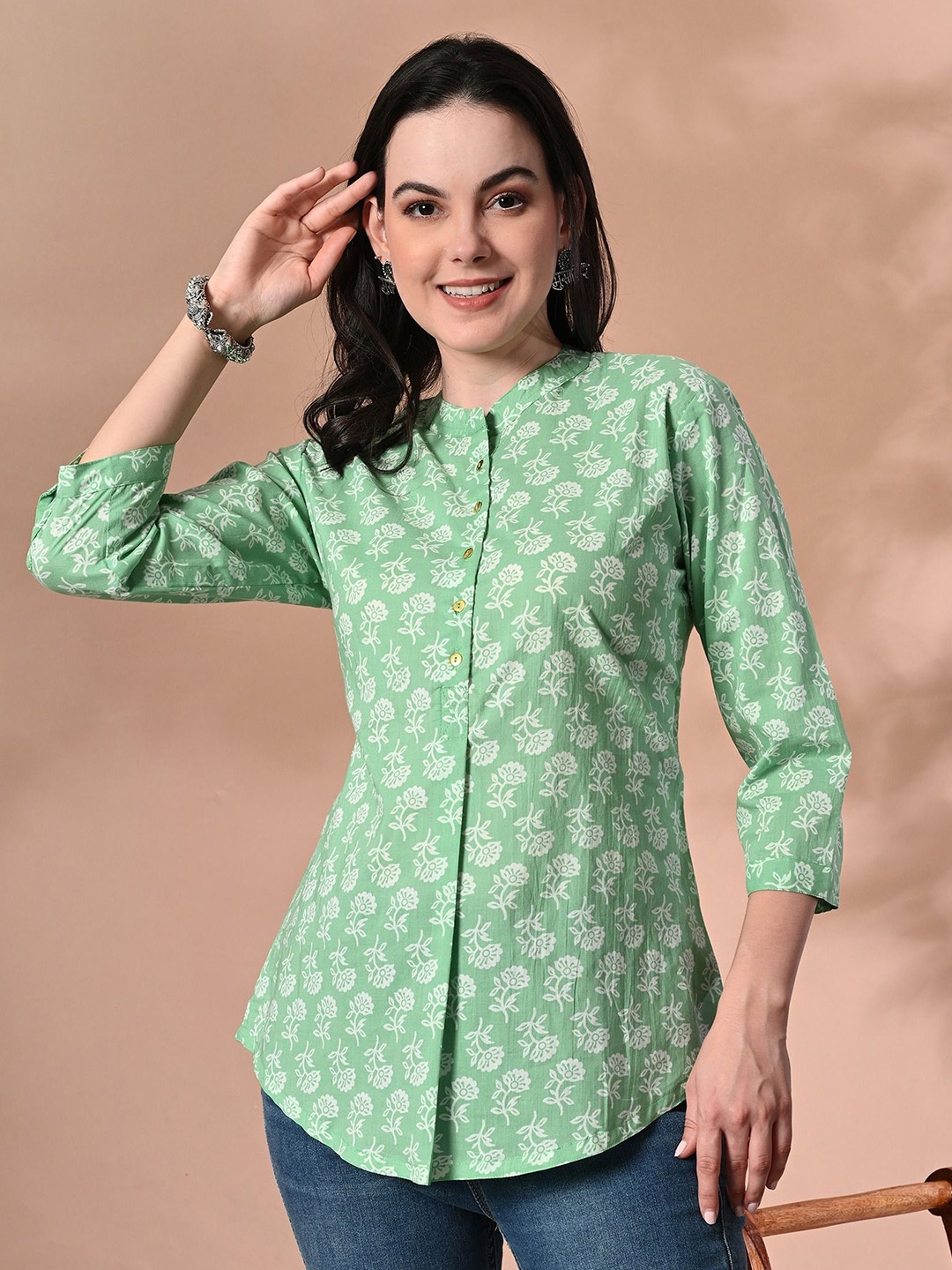 

Zalima Floral Print Cotton Top, Green
