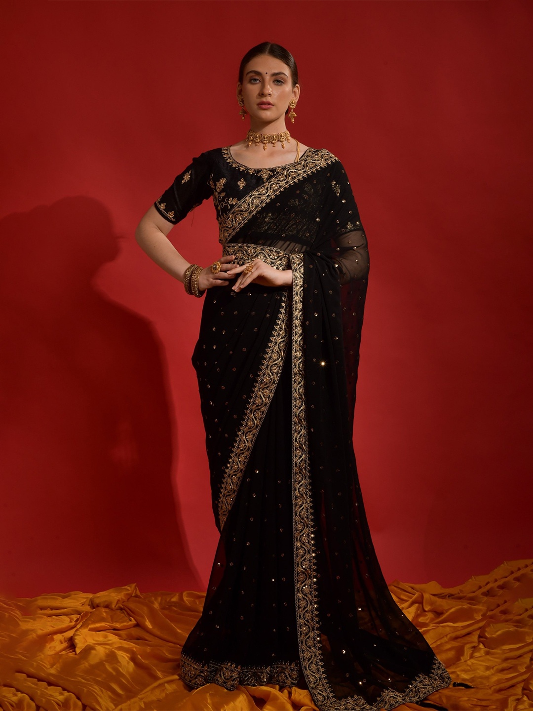 

Mitera Floral Sequinned Poly Georgette Saree, Black