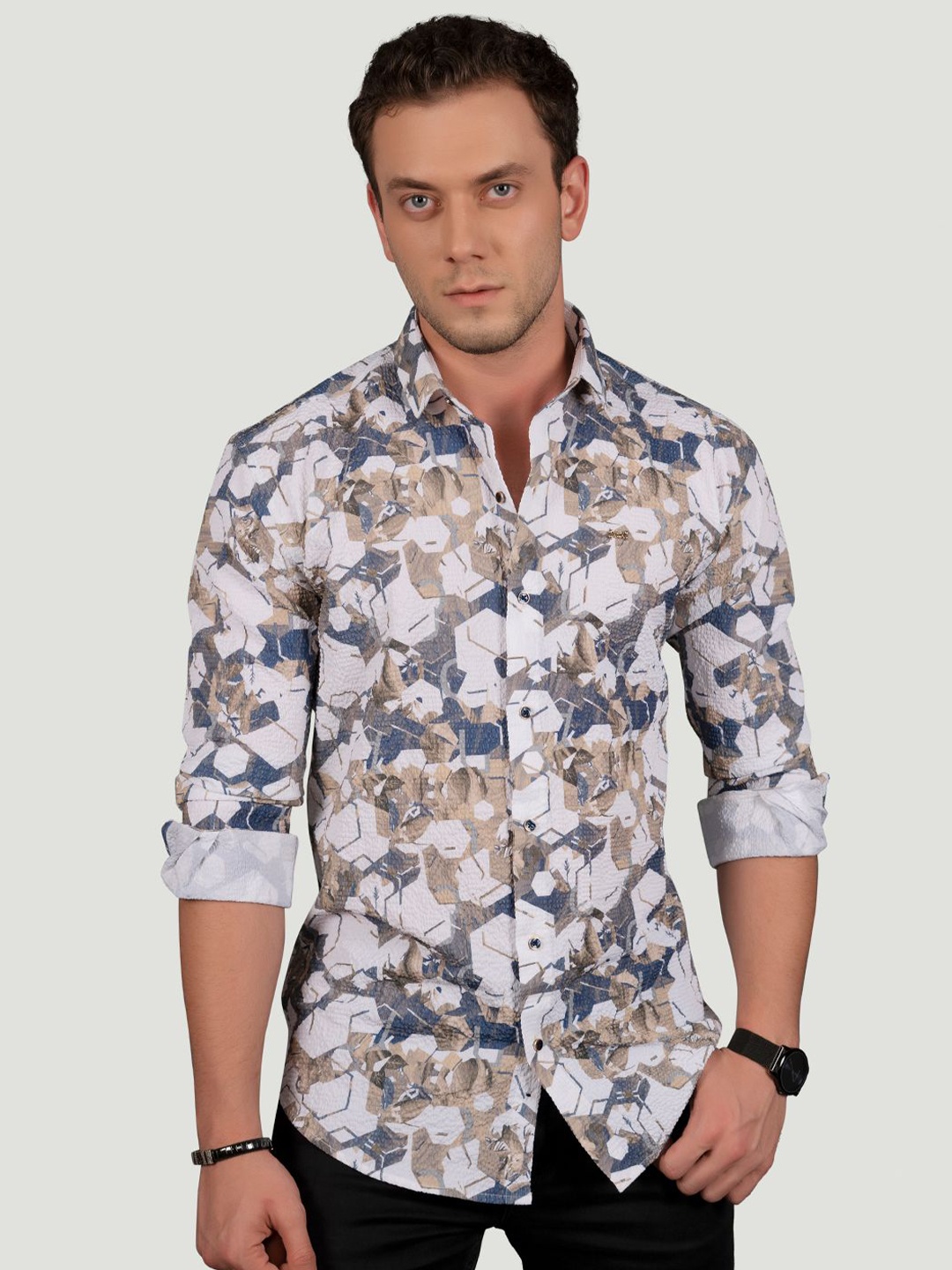 

ALMATY Men Comfort Slim Fit Floral Opaque Printed Party Shirt, White