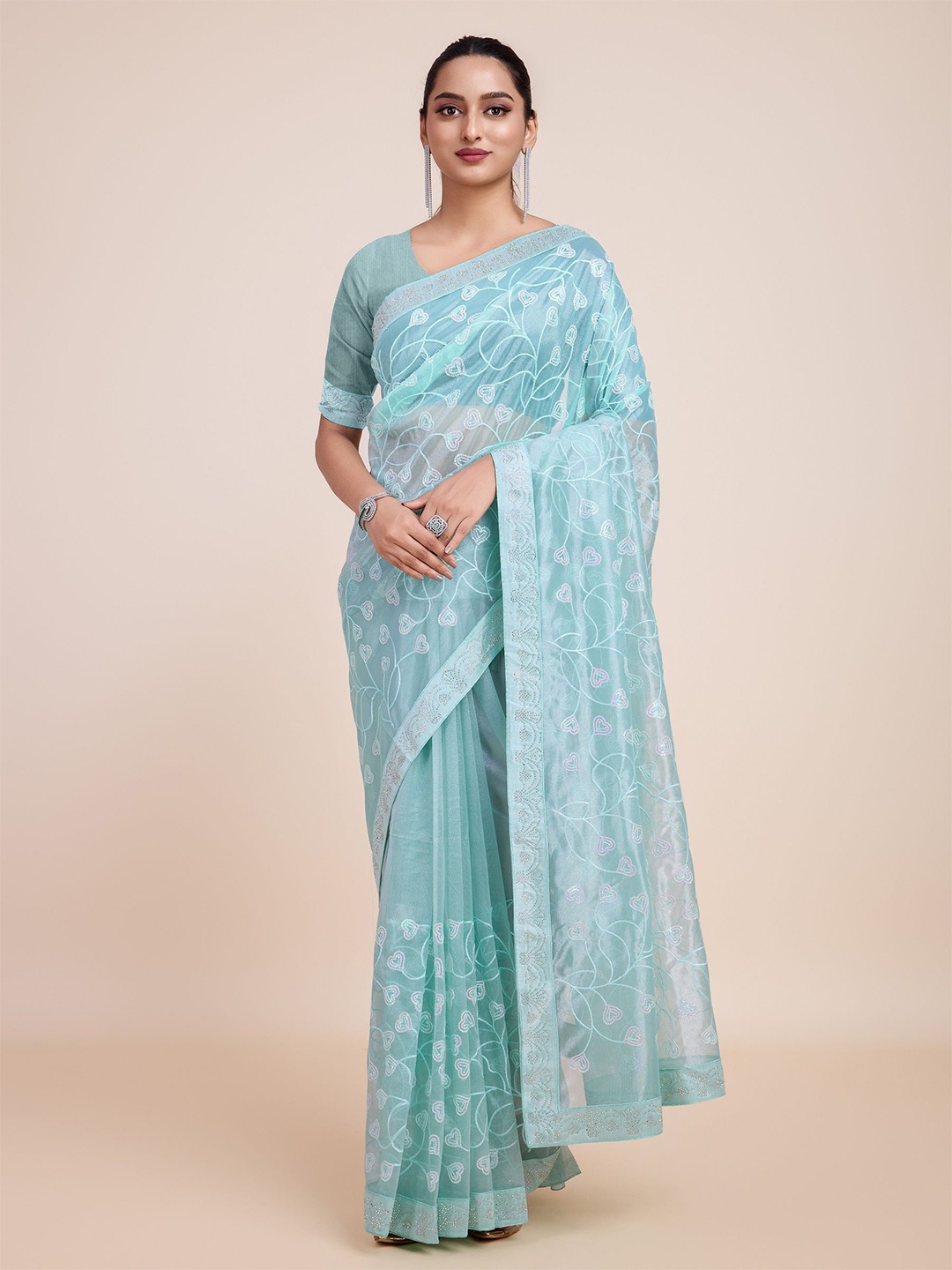 

ejoty fashion Embellished Beads and Stones Tissue Saree, Sea green