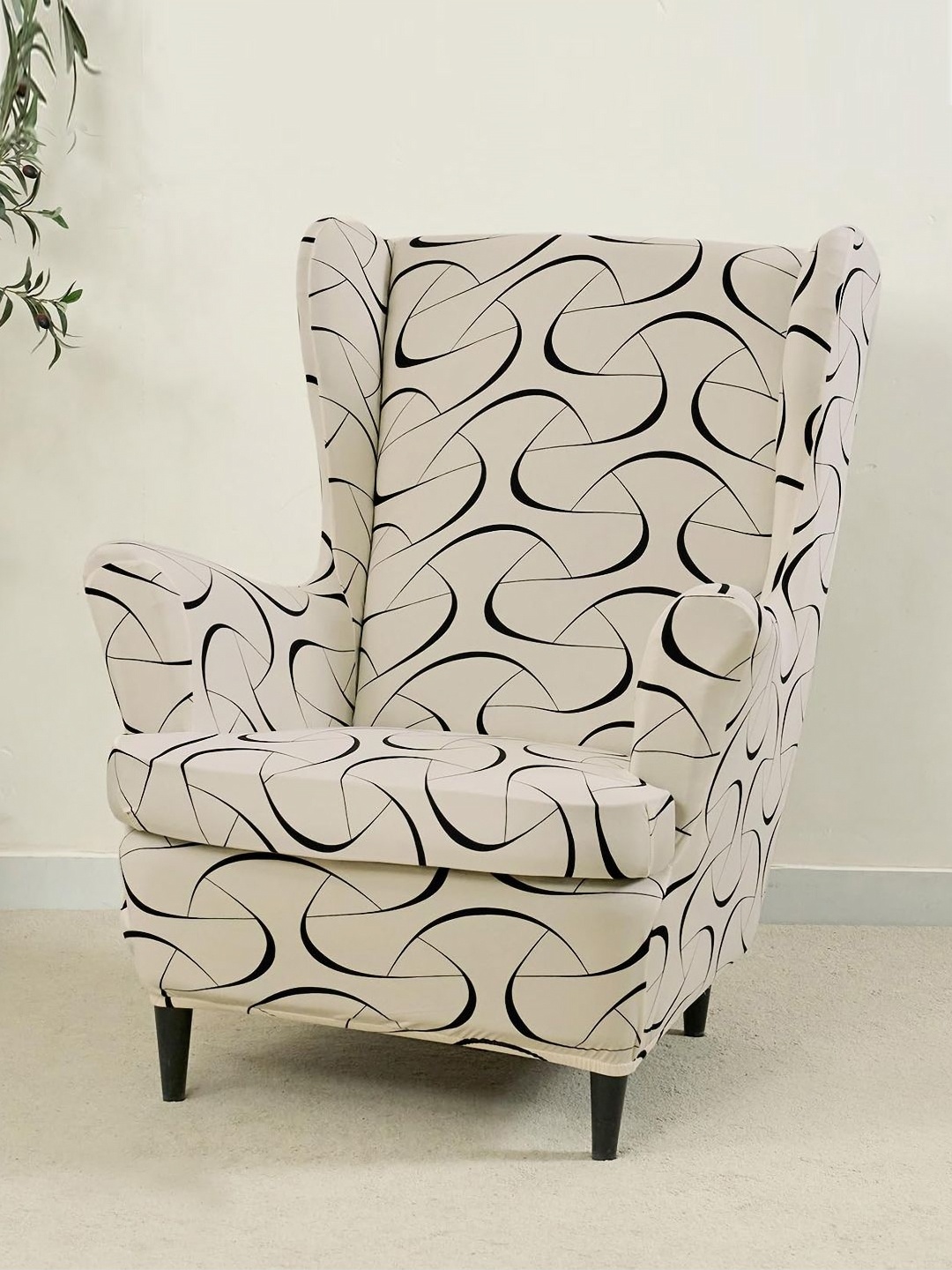 

HOKIPO Beige & Black 140GSM Stretchable Wing Chair Cover