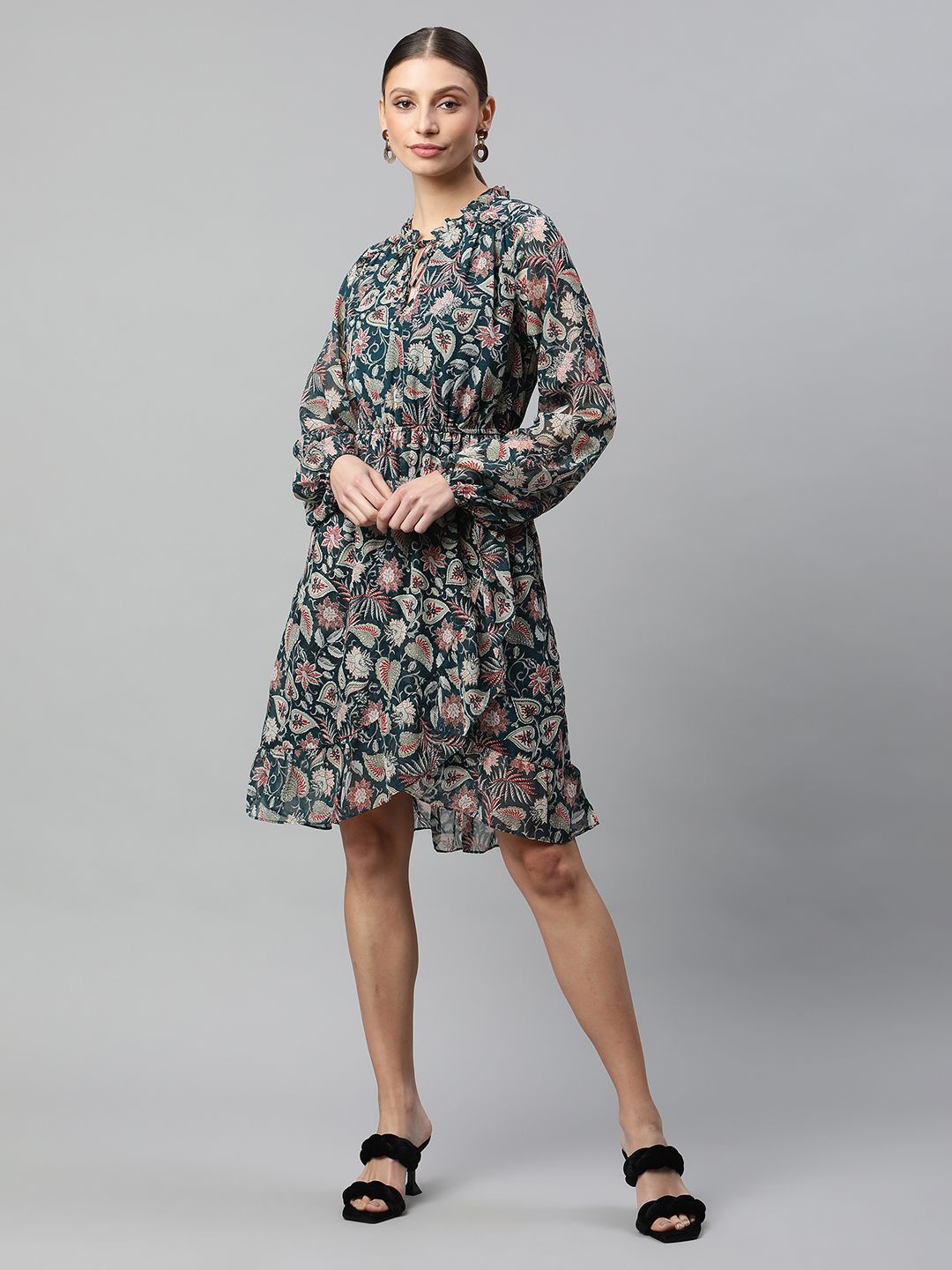 

Global Republic Woven Floral Print Tie-Up Neck Puff Sleeve Georgette Fit & Flare Dress, Green