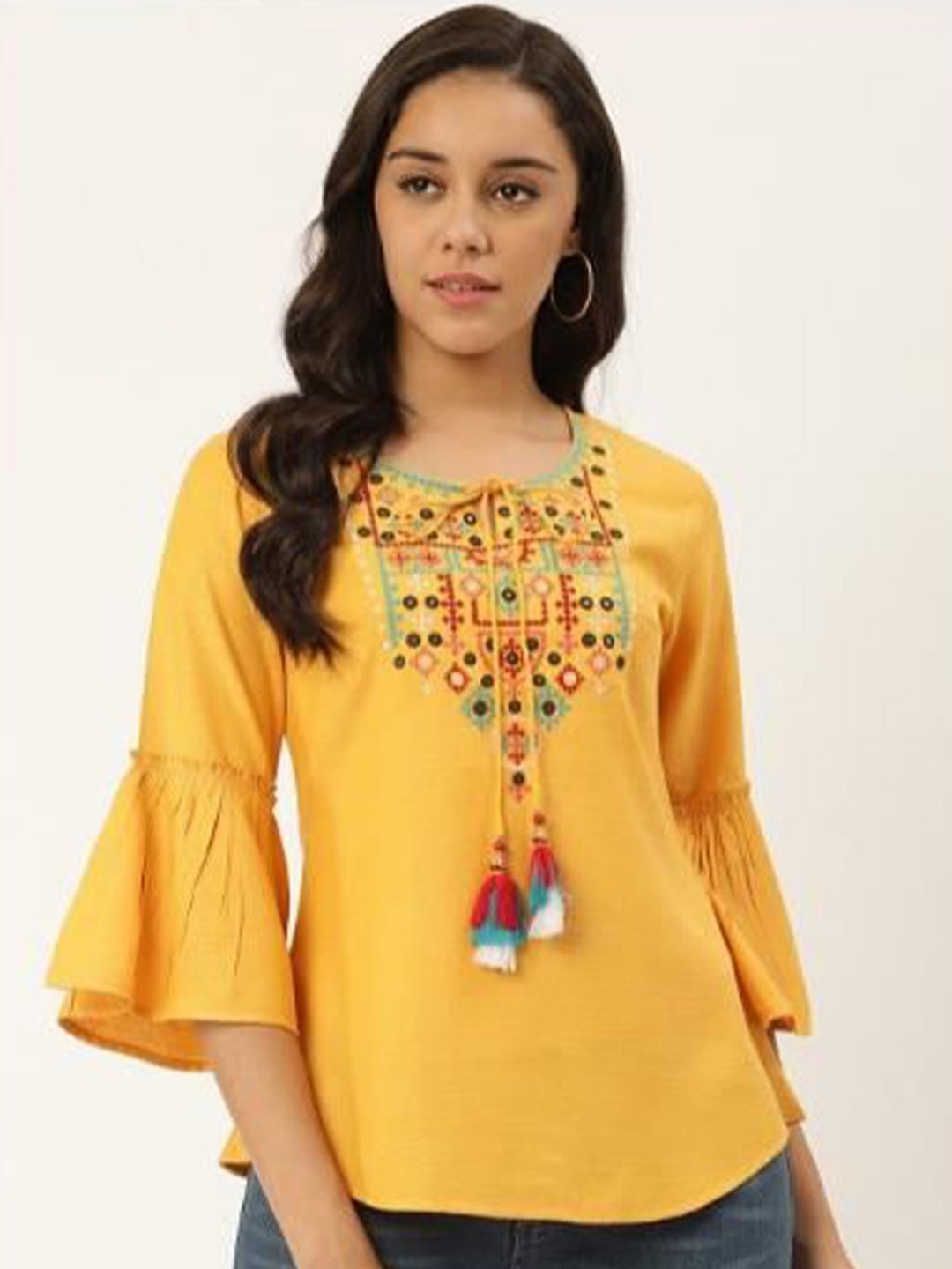 

Anouk Floral Tie-Up Neck Bell Sleeve Liva Top, Yellow