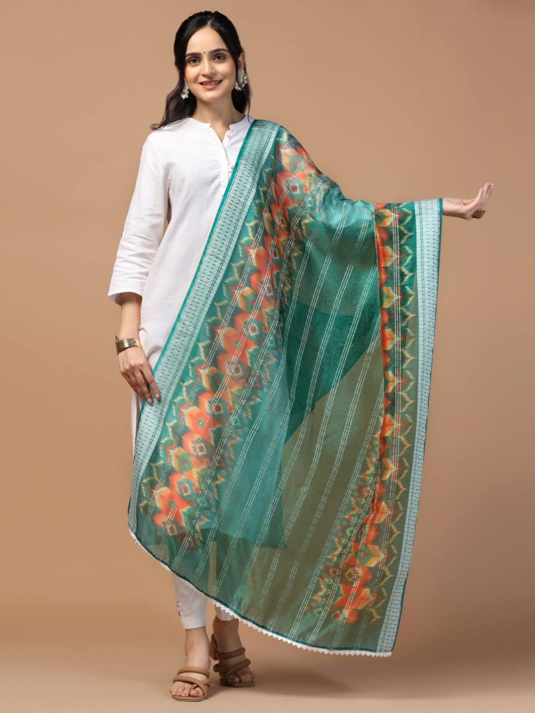 

Kaizen TEXO FAB Ethnic Motifs Digital Printed Organza Dupatta, Teal