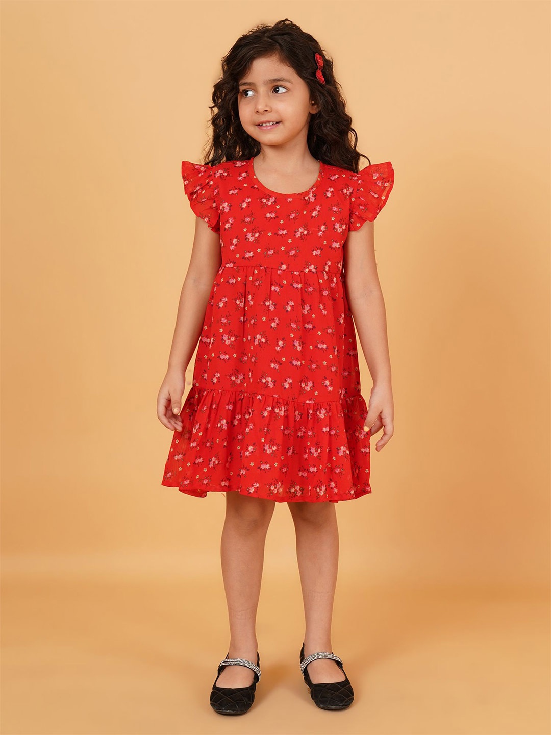 

Creative Kids Floral Print Flutter Sleeve Georgette A-Line Dress, Red