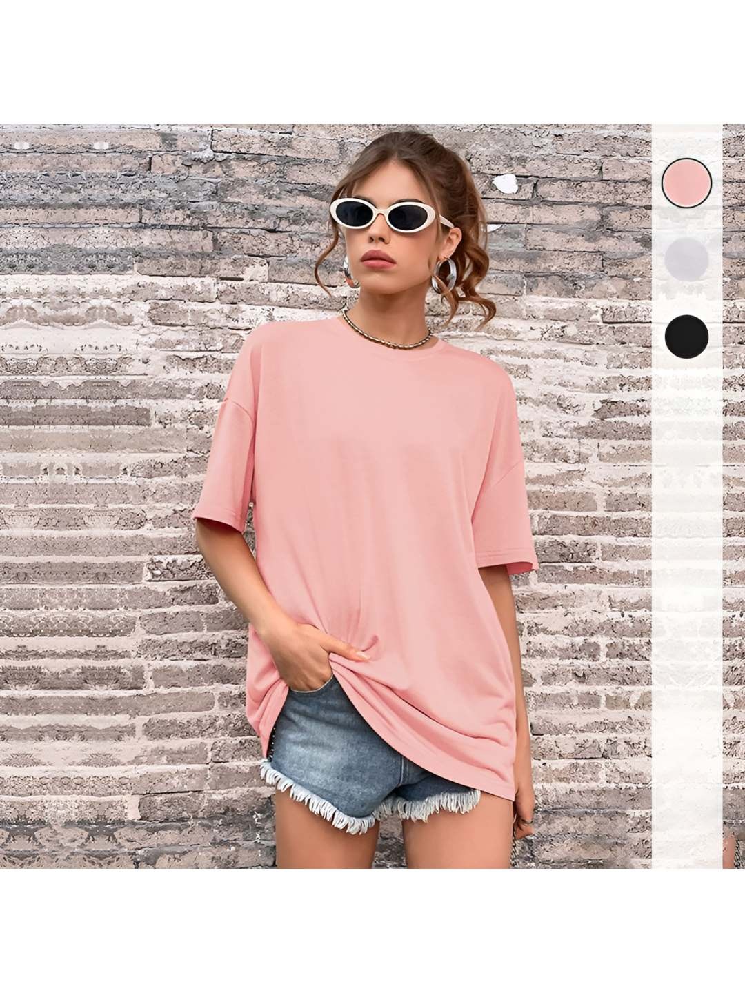 

HERE&NOW Women Striped V-Neck Monochrome Applique T-shirt, Pink