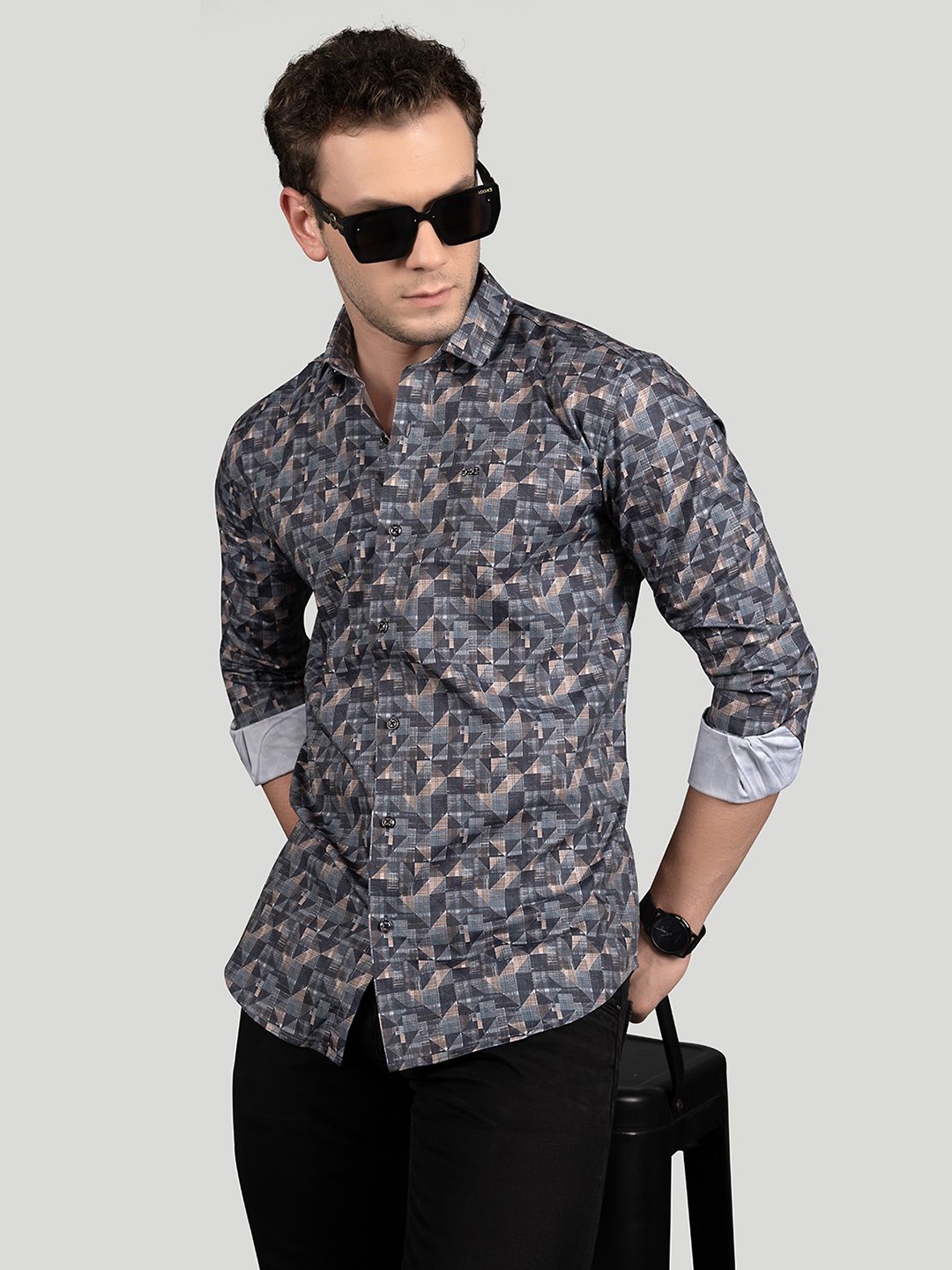 

ALMATY Men Comfort Slim Fit Floral Opaque Printed Party Shirt, Grey