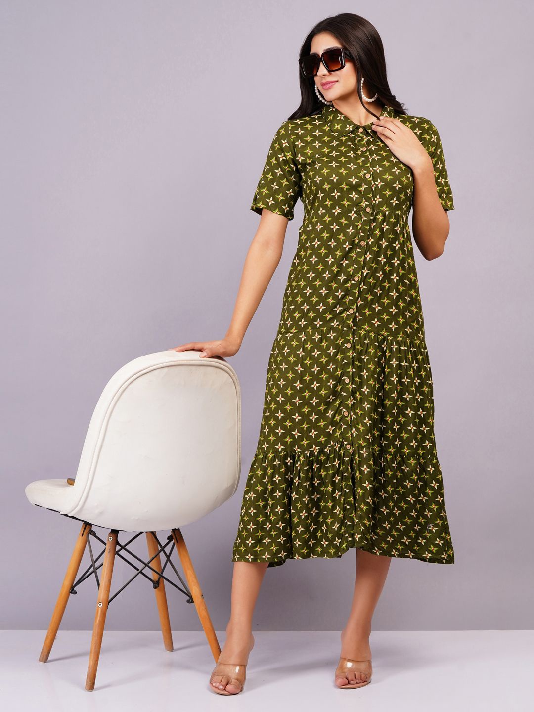 

HIGHLIGHT FASHION EXPORT Geometric Print A-Line Midi Dress, Green