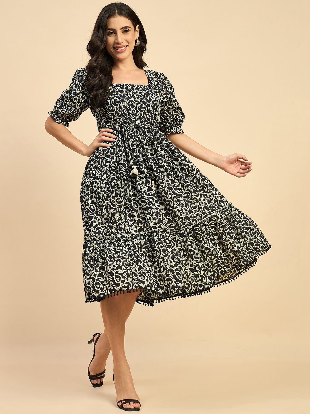 

Azira Floral Print Puff Sleeve Fit & Flare Dress, Black