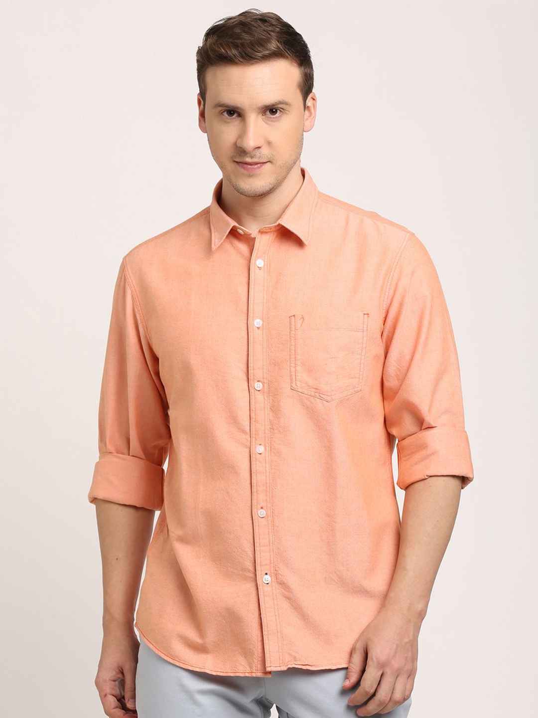 

Indian Terrain Men Classic Spread Collar Solid Cotton Casual Shirt, Peach