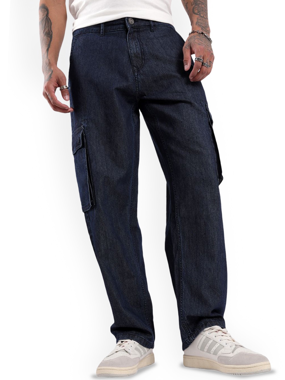 

WROGN Men Comfort Relaxed Fit Cargo Jeans, Blue